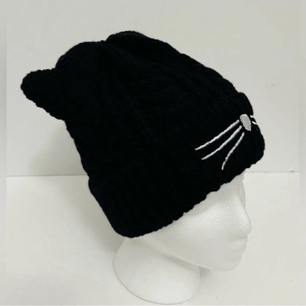 New Black Cat Embroidery Stretchy Knit Hat Beanie Cap Unisex One Size Fits Most - Picture 2 of 6
